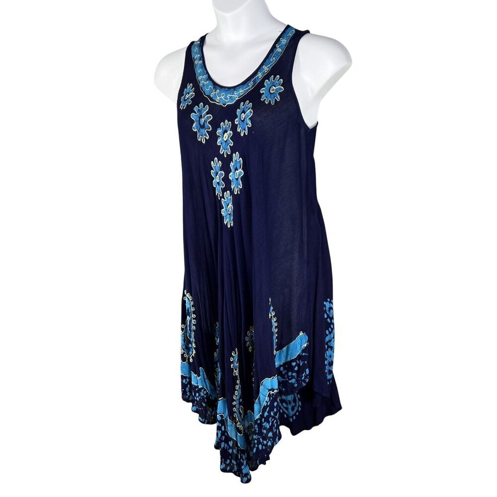Gypsie Blu Boho Womens OSFM Blue Gauze Tank Tunic Dress Floral Handkerchief Hem - Picture 4 of 13